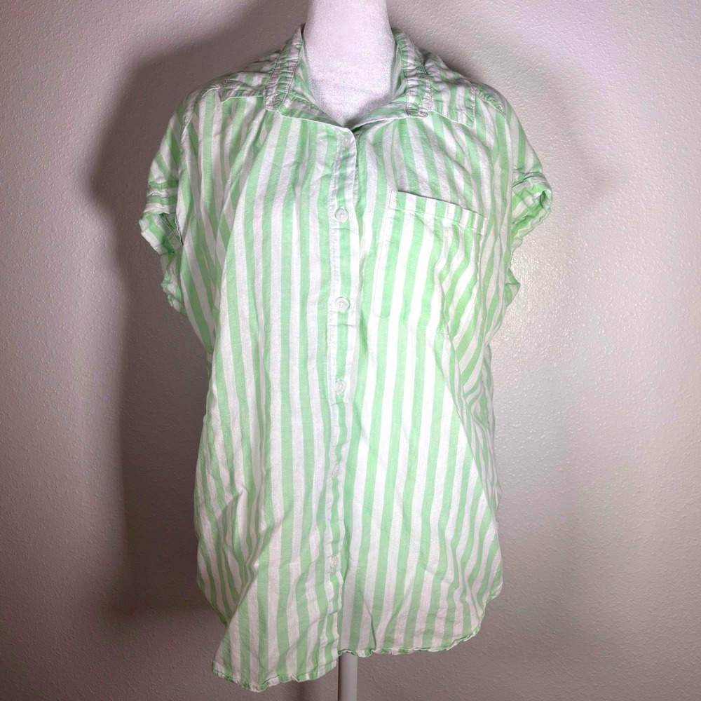Indie Sleeze Womens Green White Striped Linen Blend Short Sleeve Button Down M